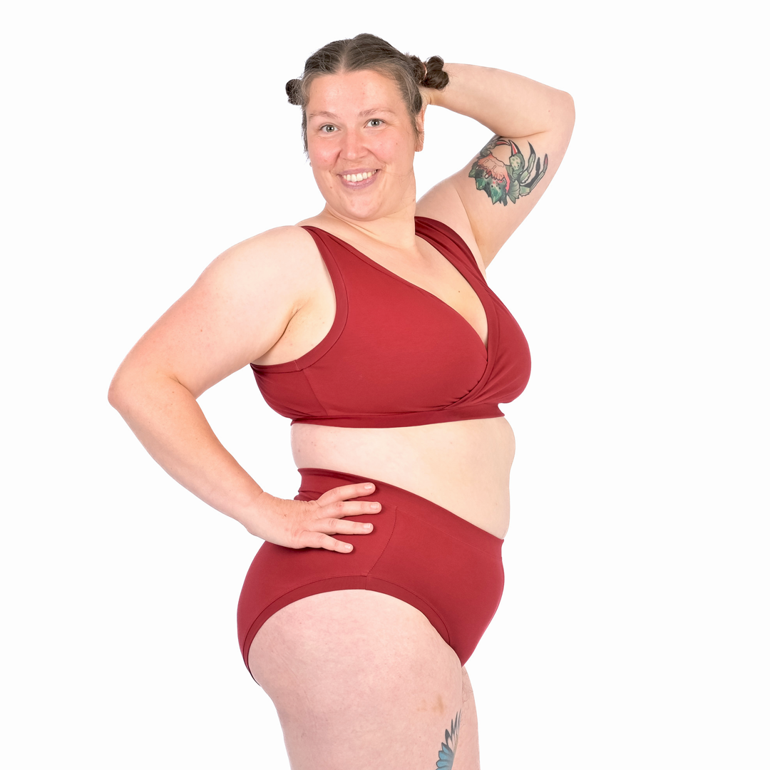 Katy wearing a burgundy non wired bra and high rise cotton briefs